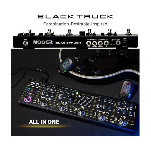  MOOER BLACK TRUCK Combined Guitar Effects Pedal 6 in 1, Compressor, Overdrive, Distortion, EQ, Multi Modulation, Stereo Delay Reverb, High Gain Modules, with Smart Tuner, Tap Tempo, FX LOOP