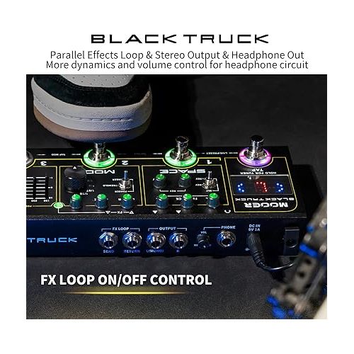  MOOER BLACK TRUCK Combined Guitar Effects Pedal 6 in 1, Compressor, Overdrive, Distortion, EQ, Multi Modulation, Stereo Delay Reverb, High Gain Modules, with Smart Tuner, Tap Tempo, FX LOOP