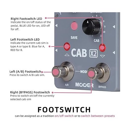  MOOER CAB X2 Dual Footswitch Cab Sim IR Loading Stereo Cabinet Simulation Pedal with 14 Presets Slots Supporting Software Editing