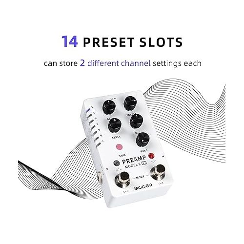  MOOER Preamp Model X Dual-channel Preamp Pedal with 14 Preset Slots, 28 Amp Model, 3 Cab Sim, Supporting loading MNRS, GNR, and GIR files via MOOER STUDIO to Expand Ttonal Palette