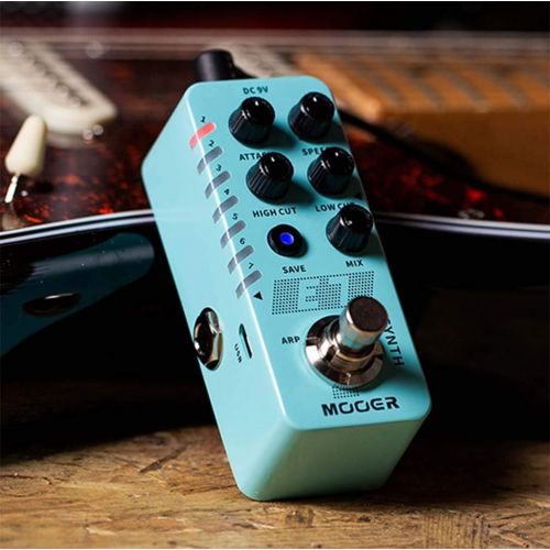  MOOER E7 Polyphonic Guitar Synth Pedal Bundle with Blucoil 9V AC Adapter, 2-Pack of 10 Straight Instrument Cables (1/4), 2-Pack of Pedal Patch Cables, and 4-Pack of Celluloid Guita