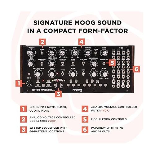  MOOG Mother-32 Semi-Modular Eurorack Analog Synthesizer with 32-Step Sequencer, VC Oscillator and Ladder Filter, MIDI in, Extended Patchbay, CV Jack