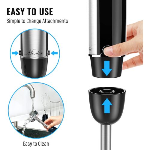  MOOKA Immersion Blender, 1100W 5-in-1 Multi-Purpose Hand Blender, 12-Speed Handheld Stick Blender, 600ml Beaker, 500ml Chopper, Egg Whisk, Milk Frother, Black