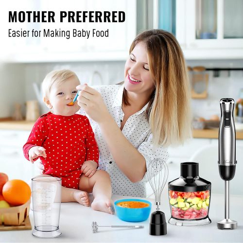  MOOKA Immersion Blender, 1100W 5-in-1 Multi-Purpose Hand Blender, 12-Speed Handheld Stick Blender, 600ml Beaker, 500ml Chopper, Egg Whisk, Milk Frother, Black