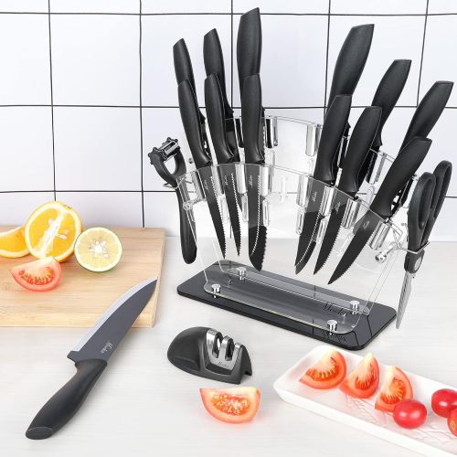  MOOKA Knife Set, 17 Pieces Kitchen Knife Set with Acrylic Stand, 13 Black Non-Stick Coating Stainless Steel Knives, Chef Knife, 6 Steak Knives, Scissors, Peeler and Knife Sharpener