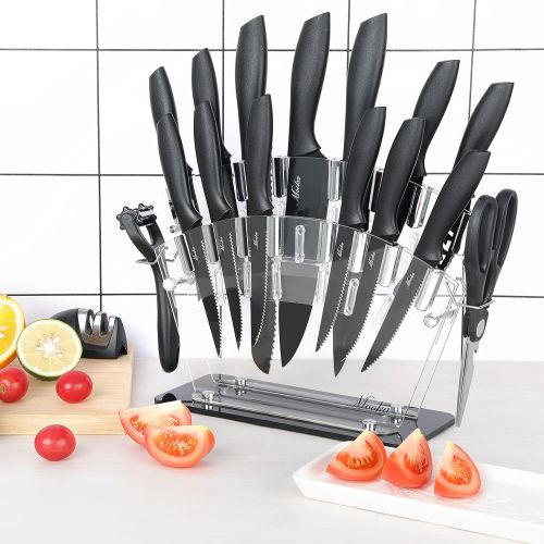  MOOKA Knife Set, 17 Pieces Kitchen Knife Set with Acrylic Stand, 13 Black Non-Stick Coating Stainless Steel Knives, Chef Knife, 6 Steak Knives, Scissors, Peeler and Knife Sharpener