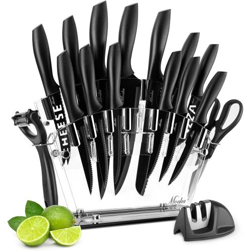  MOOKA Knife Set, 17 Pieces Kitchen Knife Set with Acrylic Stand, 13 Black Non-Stick Coating Stainless Steel Knives, Chef Knife, 6 Steak Knives, Scissors, Peeler and Knife Sharpener