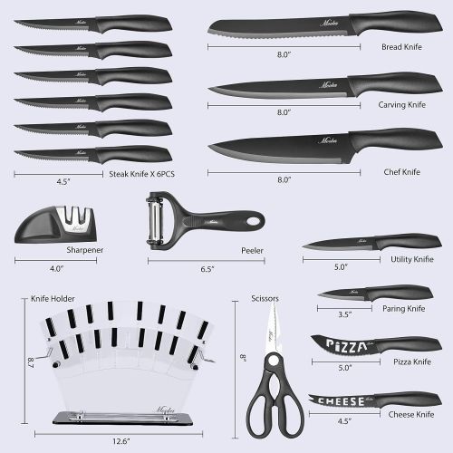  MOOKA Knife Set, 17 Pieces Kitchen Knife Set with Acrylic Stand, 13 Black Non-Stick Coating Stainless Steel Knives, Chef Knife, 6 Steak Knives, Scissors, Peeler and Knife Sharpener