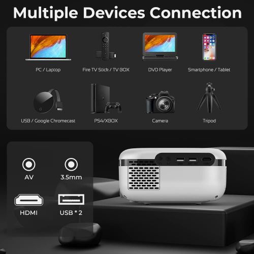  MOOKA WiFi Projector, 7500L HD Outdoor Mini Projector with Carrying Bag, 1080P & 200 Screen Supported, Movie Home Theater for TV Stick, Video Games, HDMI, USB, AUX, AV, PS4, Laptop