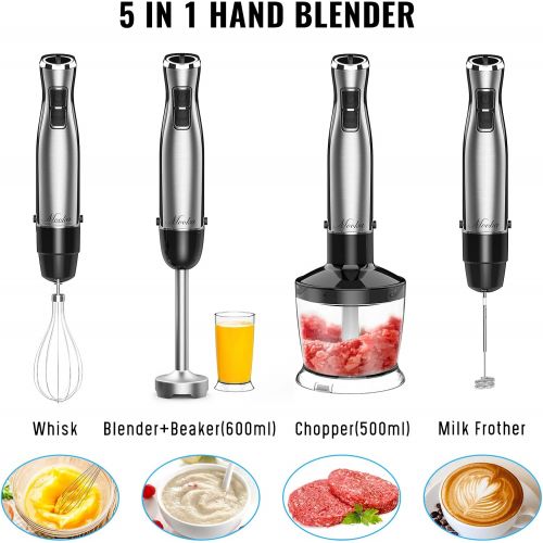  MOOKA Immersion Blender, 1100W 5-in-1 Multi-Purpose Hand Blender, 12-Speed Handheld Stick Blender, 600ml Beaker, 500ml Chopper, Egg Whisk, Milk Frother, Black