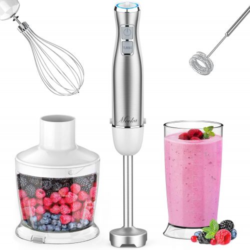  MOOKA Hand Blender, 5-in-1 Multi-Purpose Immersion Blender, 1100W 12-Speed Stick Blender, 600ml Beaker, 500ml Food Chopper, Egg Whisk, Milk Frother, White