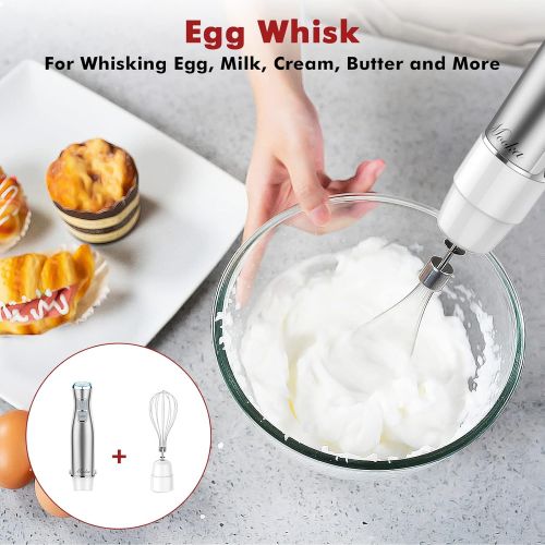  MOOKA Hand Blender, 5-in-1 Multi-Purpose Immersion Blender, 1100W 12-Speed Stick Blender, 600ml Beaker, 500ml Food Chopper, Egg Whisk, Milk Frother, White