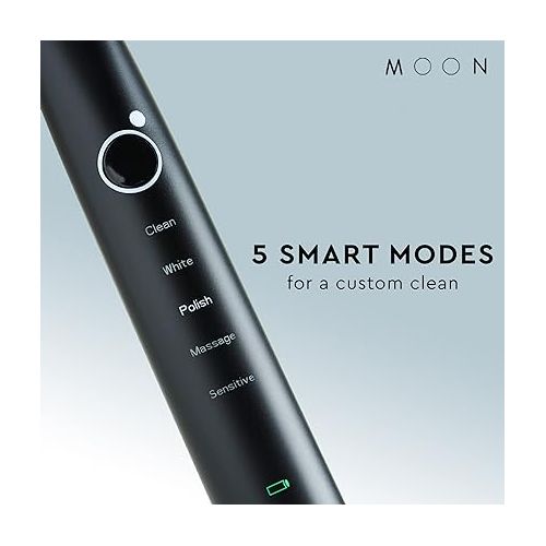  MOON Sonic Electric Toothbrush for Adults, 5 Smart Modes to Clean, Whiten, Massage and Polish Teeth, Rechargeable with Travel Case and 2 Toothbrush Heads, Black