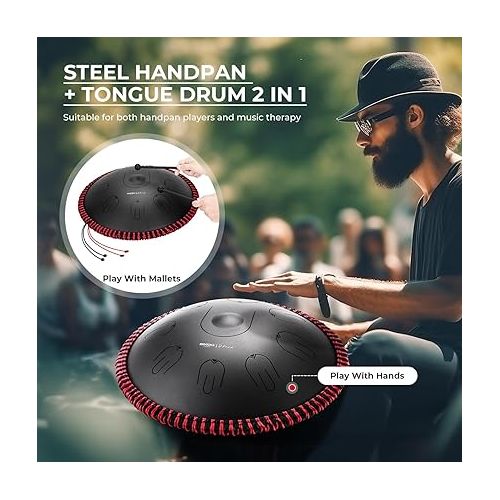  MOOZICA Steel Handpan Tongue Drum, 14 Inches 17 Notes in D Minor with Octave Overtone Design, Handpan Drum Percussion Instrument With Carry Bag (D-Kurd, Black)