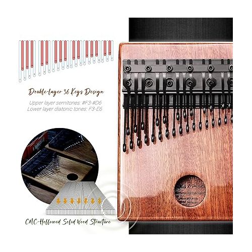  MOOZICA 36 Keys Professional Chromatic Kalimba, Double-layer Piano Layout 36 Tines Kalimba Thumb Piano, Solid Mahogany Wood Finger Piano with Shiny Surface(BKA-36P)