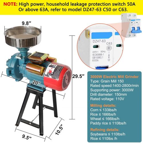  [아마존베스트]MOPHOTO Electric Grain Grinder Mill, Corn Grinder Mill Electric, Dry Cereals Rice Coffee Wheat Corn Mills with Funnel, 3000 W grain grinder mill powder machine 110 V