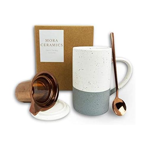  [아마존베스트]MORA CERAMICS HIT PAUSE Mora Ceramics Tea Cup with Loose Leaf Infuser, Spoon and Lid, 12 oz, Microwave and Dishwasher Safe Coffee Mug - Rustic Matte Ceramic Glaze, Modern Herbal Tea Strainer - Great Gift