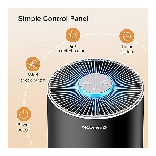  MORENTO Air Purifiers for Home Large Room, Air Purifiers for Bedroom up to 1076ft², 22dB Quiet Kalo Air Cleaner with 7 Color Night Light, Timer, HEPA Filter for Pollen, Smoke, Pet Dander, Black