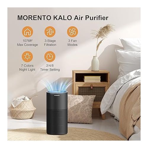  MORENTO Air Purifiers for Home Large Room, Air Purifiers for Bedroom up to 1076ft², 22dB Quiet Kalo Air Cleaner with 7 Color Night Light, Timer, HEPA Filter for Pollen, Smoke, Pet Dander, Black