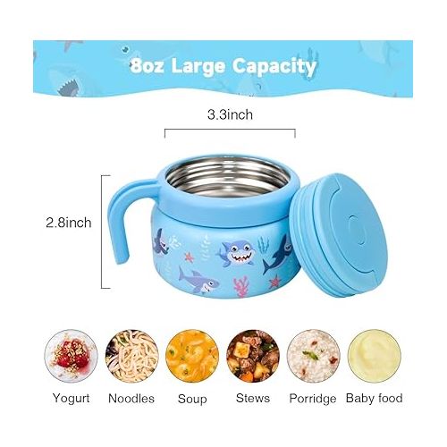  Morlike Hot Food Thermos Container for Kids Lunch Box, 8 oz Small Insulated Vacuum Stainless Steel Thermal Soup Containers with Leakproof Lid (Mint, Shark)