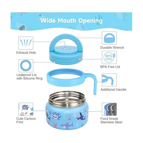 Morlike Hot Food Thermos Container for Kids Lunch Box, 8 oz Small Insulated Vacuum Stainless Steel Thermal Soup Containers with Leakproof Lid (Mint, Shark)