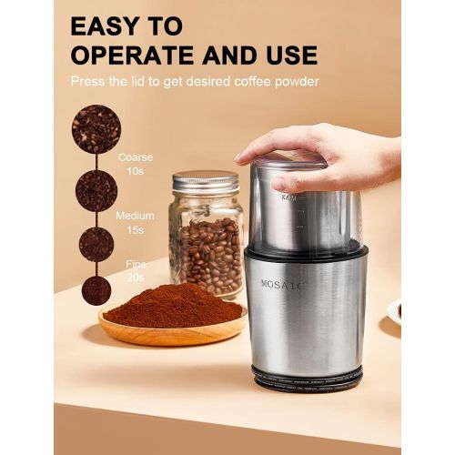  Coffee Grinder Electric, MOSAIC Herb Grinder, Spice Blender and Espresso Grinder with 2 Dishwahser Safe Stainless Steel Bowls for Coffee, Herb and Spices, Silver