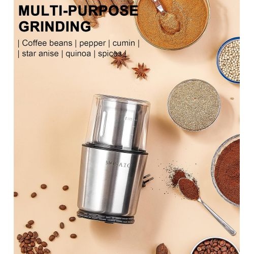  Coffee Grinder Electric, MOSAIC Herb Grinder, Spice Blender and Espresso Grinder with 2 Dishwahser Safe Stainless Steel Bowls for Coffee, Herb and Spices, Silver