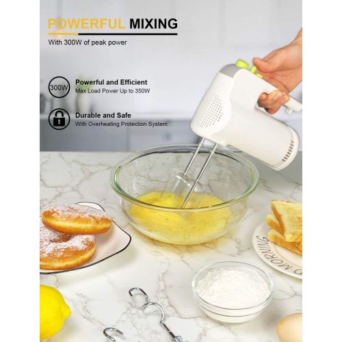  Hand Mixer Electric, MOSAIC 300W Ultra Power 5 Speeds with Patent Beaters and Easy Eject, 4 Stainless Steel Accessories with Storage Function Mixer for Whipping Mixing, Dough, Cake