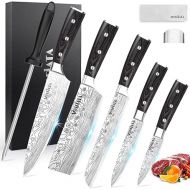 MOSFiATA 5 PCS Chef Knife Set, German High Carbon Stainless Steel Kitchen Knife Set with Sharpener Rod，5PCS Blade Guard,Wood Handle Knives Set for Kitchen with Gift Box