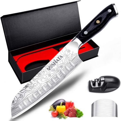  [아마존베스트]MOSFiATA 7 Santoku Knife with Finger Guard and Knife Sharpener, German High Carbon Stainless Steel EN.4116 Kitchen Cooking Knife with Micarta Handle and Gift Box (7)