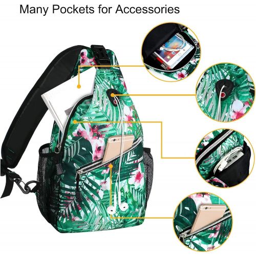  MOSISO Sling Backpack,Travel Hiking Daypack Pattern Rope Crossbody Shoulder Bag, Palm Leaf Flower