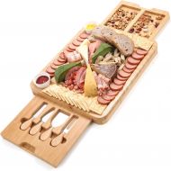 [아마존베스트]MOSONIC Bamboo Cheese Board 13 x 16 Inch - Charcuterie Boards Platter Serving Tray with Cutlery Set, 2 Drawers, 2 Ceramic Bowls, Perfect for Housewarming Birthday Anniversary Weddi