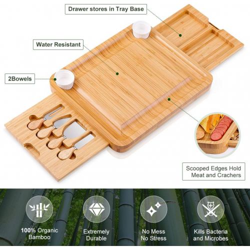  [아마존베스트]MOSONIC Bamboo Cheese Board 13 x 16 Inch - Charcuterie Boards Platter Serving Tray with Cutlery Set, 2 Drawers, 2 Ceramic Bowls, Perfect for Housewarming Birthday Anniversary Weddi