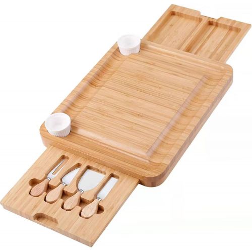  [아마존베스트]MOSONIC Bamboo Cheese Board 13 x 16 Inch - Charcuterie Boards Platter Serving Tray with Cutlery Set, 2 Drawers, 2 Ceramic Bowls, Perfect for Housewarming Birthday Anniversary Weddi