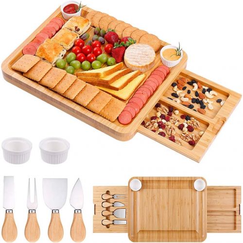  [아마존베스트]MOSONIC Bamboo Cheese Board 13 x 16 Inch - Charcuterie Boards Platter Serving Tray with Cutlery Set, 2 Drawers, 2 Ceramic Bowls, Perfect for Housewarming Birthday Anniversary Weddi