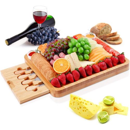  [아마존베스트]MOSONIC Bamboo Cheese Board 13 x 16 Inch - Charcuterie Boards Platter Serving Tray with Cutlery Set, 2 Drawers, 2 Ceramic Bowls, Perfect for Housewarming Birthday Anniversary Weddi