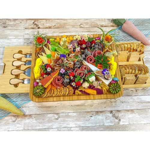  [아마존베스트]MOSONIC Bamboo Cheese Board 13 x 16 Inch - Charcuterie Boards Platter Serving Tray with Cutlery Set, 2 Drawers, 2 Ceramic Bowls, Perfect for Housewarming Birthday Anniversary Weddi