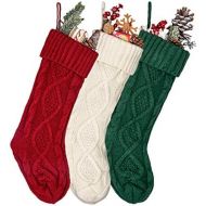 MOSTOP 3 Pack Knit Christmas Stockings, Unique 17 inches Cable Knitted Xmas Rustic Stocking Decorations for Family Holiday Season Decor, Burgundy/Ivory White/Green
