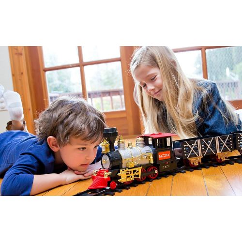  MOTA Classic Holiday Christmas Train Set with Real Smoke - Authentic Lights, and Sounds - A Full Set with Locomotive Engine, Cargo Cars, Tracks and Christmas Spirit