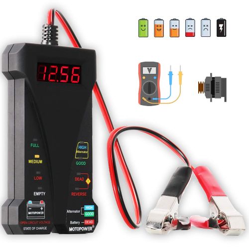  MOTOPOWER MP0514A 12V Digital Car Battery Tester Voltmeter and Charging System Analyzer with LCD Display and LED Indication - Black Rubber Paint