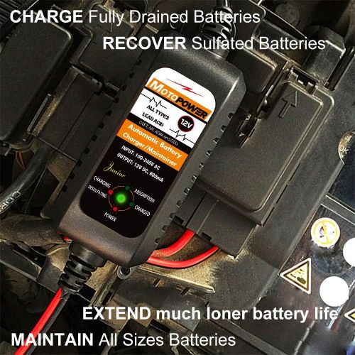  MOTOPOWER MP00205A 12V 800mA Fully Automatic Battery Charger/Maintainer - Rescue and Recover Batteries