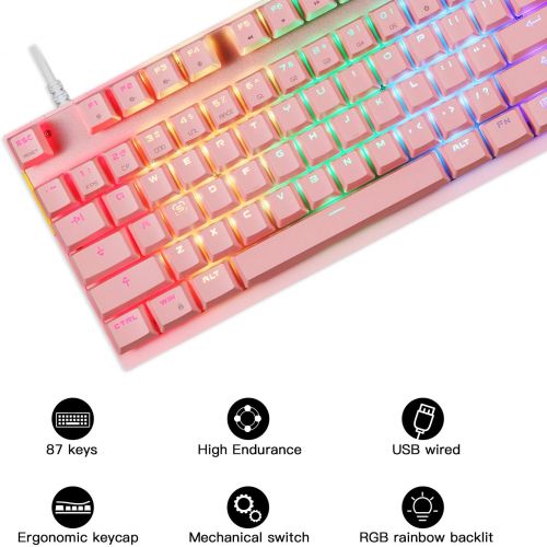  Motospeed Professional Gaming Mechanical Keyboard RGB Rainbow Backlit 87 Keys Illuminated Computer USB Gaming Keyboard for Mac & PC Pink