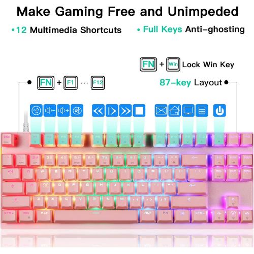  Motospeed Professional Gaming Mechanical Keyboard RGB Rainbow Backlit 87 Keys Illuminated Computer USB Gaming Keyboard for Mac & PC Pink