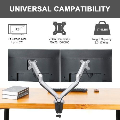  MOUNT PRO Dual Monitor Desk Mount, Cast Aluminum, Height Adjustable Monitor Stand, Articulating Gas Spring Monitor Arm - Fits 2 Computer Screens up to 32 Inch, 17.6lbs Each, Removable VESA 7