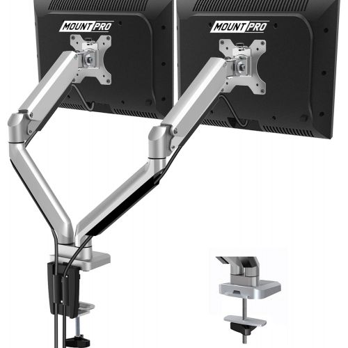  MOUNT PRO Dual Monitor Desk Mount, Cast Aluminum, Height Adjustable Monitor Stand, Articulating Gas Spring Monitor Arm - Fits 2 Computer Screens up to 32 Inch, 17.6lbs Each, Removable VESA 7