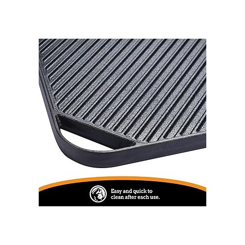  Mountain Grillers Reversible Cast Iron Griddle - Flat Top Griddle Pan and Grooved Grill-Pan Style - for Gas Stovetop, Oven, and Open Fire, Black - 10.6 x 10.6 Inches