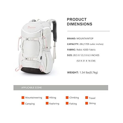  MOUNTAINTOP Small Hiking Backpack 28L Travel Daypack Lightweight for Women for Outdoor Camping, 20.5×12.2×6.3 IN，Ivory
