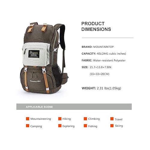  MOUNTAINTOP 40L Hiking Backpack for Women & Men Outdoor Travel Camping Day Pack with Rain Cover, 21.7 x 13 x 7.9 in, Brown