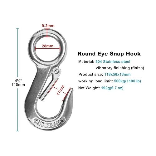  4 Pack Fast Eye Safety Snap Hook 304 Stainless Steel Spring Hook with 1⅛ inches Round Eyelet, Boat Slip Hook Carabiner Clips Heavy Duty 1100 lb (Size: 4⅝ inches)