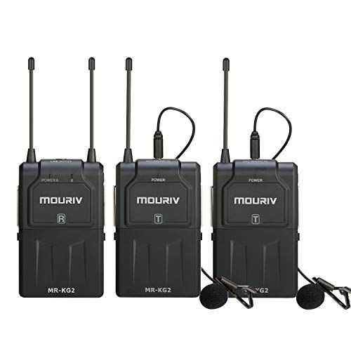  MOURIV 16-Channel UHF Wireless Lavalier Microphone System, Wireless Lav Mic with Two Transmitters & One Receiver Compatible with DSLR Cameras, Camcorders, iPhone, Android Smartphon